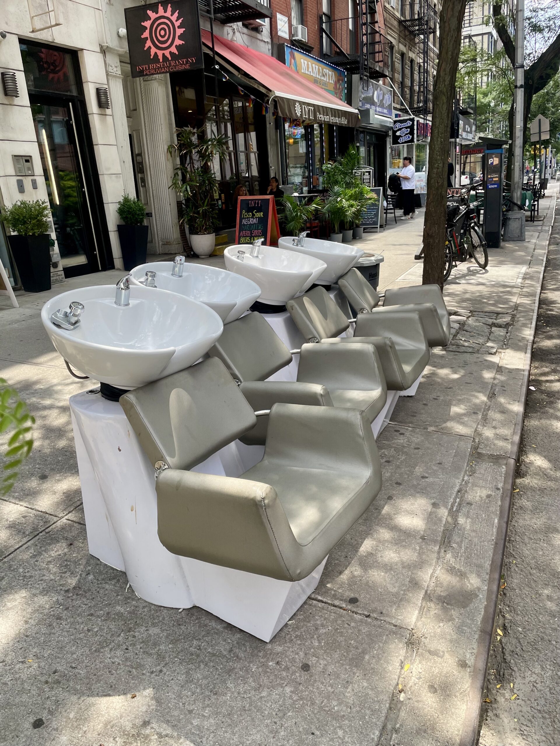 hairwash chairs on nyc sidewalk